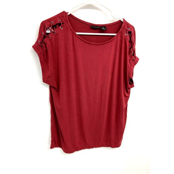 Tahari Rust Drawstring Shoulders Jersey Short Sleeve Top Size L - Picture 3 of 6